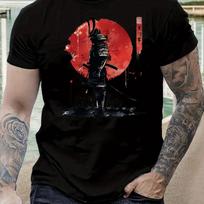 Men Japanese Samurai Graphic T-Shirt Bold Red Circle Sword Design Breathable Summer Short Sleeve S