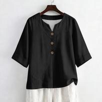 Women's Summer Fashion V-Neck 3/4 Sleeve Linen Shirt - Casual Loose-Fit Top L juoda