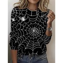 Eerie Style Spiderweb Pattern Design, Vibrant Colors, Round Neck Long Sleeve T-Shirt, All Over Print Casual Fashion Women's Top S