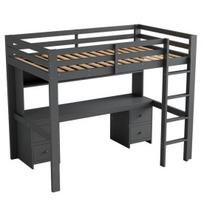 Solid Wood Frame Loft Bed 90x200cm Bed, Children Above, Table Below, Bunk with Slatted Large Storage Space, High Railing, Stable Stairs, Gray pilka