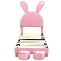 Youth Bed Upholstered 90x200, with Two Storage Stools, LED Bedside Light, Fold-Out Bunny Ears, No Mattress, Bed, Slatted Frame, Height-Adjustable rožinė