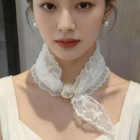 Snap Closure Magnetic Buckle Lazy Scarf Elegant Adjustable Pearl Lace Neck Scarf Collarbone Chain Versatile Shirt Collar Scarf balta