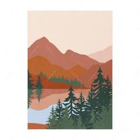 Mid Century Boho Abstract Mountain Lake Trees Print Wall Art Nordic Canvas Picture Nature Landscape Painting Living Room Poster 21x30cm No Framed