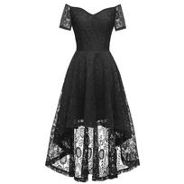 Women's Off Shoulder Sleeve V Neck Irregular Zipper Lace Dress Dress Skirt M juoda
