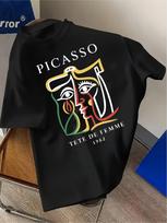 Unisex kasdieniai trumpomis rankovėmis marškinėliai su Pablo Picasso meno atspaudu ir drąsiais raidžių raštais, lengvas audinys, apvalia iškirpte S black