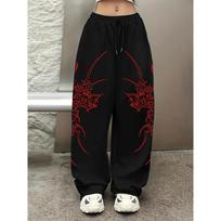 Men's Streetwear Wide Leg Sweatpants, White Tribal Flame Artistic Prints, Drawstring Waist Baggy Fit, Casual Daily Wear S