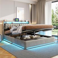 Minkšta lova su LED apšvietimu ir C tipo USB įkrovimu, galvūgalio laikikliu ir grotelių rėmu, 140x190 cm, pilkas aksomas (be čiužinio)