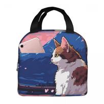 Sakura Mount Fuji And Cat Insulated Lunch Bag for Kids School Cooler Thermal Food Box Tote Portable Lunch Boxes Container One Size