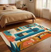 Atomic Cat Area Rug Mid Century Modern Retro Living Room Illustrated Floor Mat Vintage Style Teal Home Decoration Carpets 40x60cm