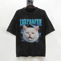 Ibuprofen Cat Meme T Shirt Washed Short Sleeve Harajuku TShirts  Vintage Men Women Streetwear Summer Tees S