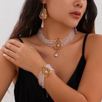 SHIXIN 3Pcs Luxury Sparkling Crystal Choker Neckalce Drop Earrings Women Jewelry Set Bridal Neck Chain Bracelet Wedding Ornament