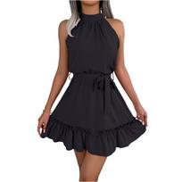 Women's Fashionable Casual Sleeveless Waist-Defining Ruffled A-Line Dress L juoda