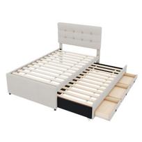 Upholstered Bed Bed, 90x200cm (90x190cm), Family with Three Drawers, Pull-Out Trundle Adjustable Headboard, Without Mattress, Beige Flat smėlis