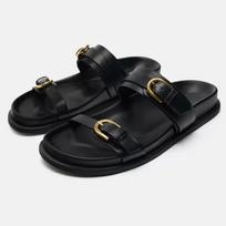 Fashion Thick Bottom Women Beach Shoes Outdoor Casual Flat Slides for Female Fashion Metal Buckle Soft Leather Summer Ladies Slippers 37 juoda