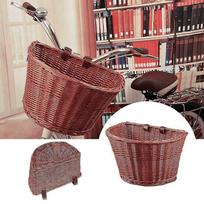 Wicker D-Shaped Bike Basket Portable Hand-Woven Shopping Basket Folk Craftsmanship Bicycle Storage Basket with Leather S