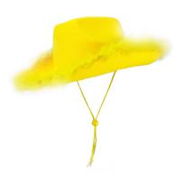 Western Style Felt Cowboy Hat with Feather Trim and Adjustable Chin Strap for Costume and Outdoor Use One Size geltona