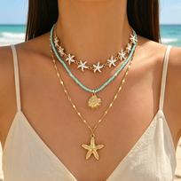Blue Rice Beads Choker Necklace 3PCS Layered Starfish Shell Pendant Boho Summer Beach Vacation Jewelry