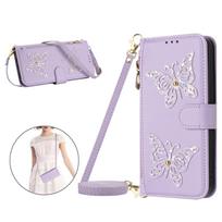 Glitter Butterfly Leather Phone Case For iPhone 17 Pro Max 16 Plus 15 14 13 12 16E 17E Crossbody Long Strap Cards Solt Bag Cover iPhone17 violetinė