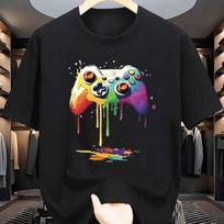 Men Colorful Game Controller Graphic T-Shirt Trendy Short-Sleeve Crew Neck Top for Teens and Adults Men Clothing S