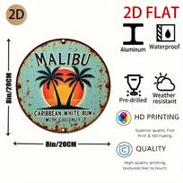 D plane Circular rusty metal sign Malibu Caribbean white rum with coconut design retro beach themed wall art for home bar 20x20cm(8x8inch)