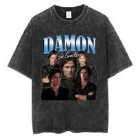 Damon Salvatore Graphic Vintage Washed T Shirt Men Women Clothing Fashion Harajuku TShirt Loose Oversized Short Sleeve T Shirts L