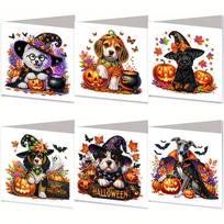 6PCS DIY Rhinestone Diamond Art Mosaic Postcards Halloween Pattern Diamond Art Greeting Cards for Festivals and Celebrations