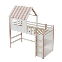 Loft Bed Children 90x200cm High And Low for Boys Girls Home Roof Shape Bunk with Safety Ladder Storage Compartment Multifunctional Solid Wood Slatted rožinė