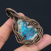 Blue Azurite Gemstone Copper Wire Wrap Handmade Pendant Jewelry For Gift 2.75 Inches mėlyna