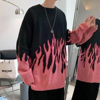 Men's Trendy Hong Kong Style Hip-Hop Flame Jacquard Knit Sweater - Autumn/Winter Pullover, Relaxed Fit M raudona