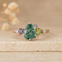 Pear Moss Agate Ring with Peridot, Amethyst & Cubic Zirconia – Nature Inspired Gemstone Jewelry Gift - Rose gold plated 925 Sterling Silver Ring K