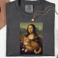 Mona Lisa Cat Shirt, Renaissance Art Parody Tee, Vintage Cat Lover Artwork L