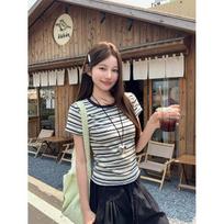 American retro contrasting color crew neck striped front shoulder short-sleeved t-shirt women's summer undershirt slim-fitting top S