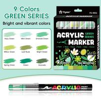 Green Series 9 PCS Acrylic Paint Pens Set with Soft Brush Tip, Marker Pen for Rock Painting, Egg, Wood, Glass, Paper