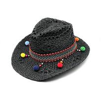 boho crocheted straw hat colorful pom pom decor ethnic ribbon wide brim beach sun hat 56-58cm juoda