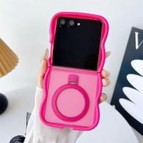 Translucent Ring Holder Phone Case for Samsung Galaxy Z Flip 7 6 5 4 3 5G Flip7 FE for Magsafe Magnetic Curly Wavy Frame Cover Galaxy Z Flip5 ryškiai rožinė