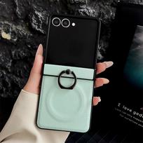 PU Leather Phone Case For Samsung Z Flip 7 FE 6 5 4 3 Flip6 Flip5 Flip4 Flip7 5G 360 Rotating Magnetic Ring HolderBack Cover Galaxy Z Flip7 žalia