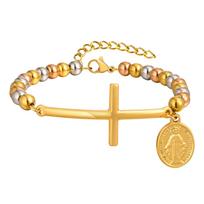Vnox Virgin Mary St. Benedict Cross Bracelet For Women, Stainless Steel Gold Color Beaded Chain Bracelets, Christ Prayer Jewelry