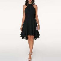 Multi Layer Ruffle Hem Ladies Solid Chiffon Halter Mini Dress L juoda