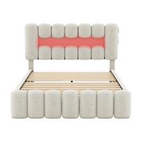 Soft Bed with LED Light Strip 140 x 200cm Large Storage Capacity Upholstered Teen USB 4 Drawers Headboard Ergonomic Design smėlis