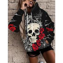 Women's Trendy Skull and Rose Print Sweatshirt, Stylish and Unique Polyester Long-Sleeve Top, Machine Washable, for Casual Daily Wear S