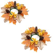 2 Pack Artificial Fall Wreath with Maple Leaves, Berries and Pinecones for Candle Holders - Home Decor One Size