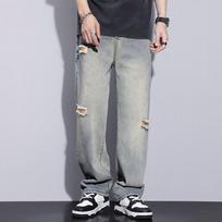 Spring Summer High Street Loose Straight Dragline Wide Leg Jeans Men's Long Pants 38