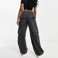 Wasteland Style Vintage Jeans Women's Pockets Wide Leg Trousers Draped Loose Casual Trousers L pilka