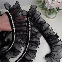 8cm Wide Beaded Ruffle Lace Black Pearl Lace Accessories  Dress Skirt Collar Edge juoda