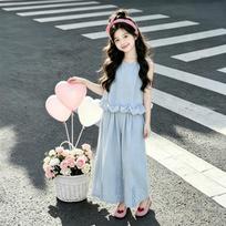 2026 Girls' Lace Vest & Wide-Leg Pants Two-Piece Summer Set - Korean Style 170 cm mėlyna