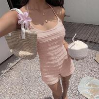 Summer New Style Sexy Girl-style Round-neck Lace-up Solid-color Backless One-piece Shorts S rožinė