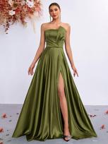 European and American new sexy slim-fitting tube top elegant waist split dress, high-end banquet party evening dress XS armijos žalia spalva