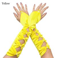 Elastic Evening Party Prom Fingerless Pleated Bowknot Long Bridal Gloves Elbow Gloves Satin geltona