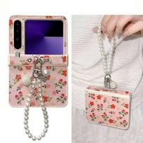 Case for Huawei Pura X nova Flip Pocket Honor Flip 2 with Floral Print Glitter,Beaded Wrist Strap, Women's, Phone Bumpers Honor V Flip rožinė