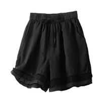Women's Cutout Lace Trim Casual Loose Versatile Linen-Cotton Shorts L juoda
